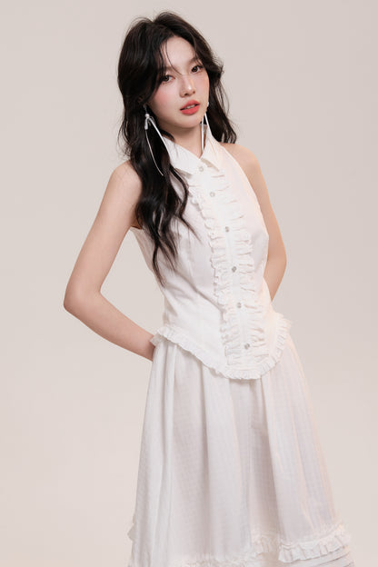 Sleeveless Frilled Lace Placket Round Hem Shirt