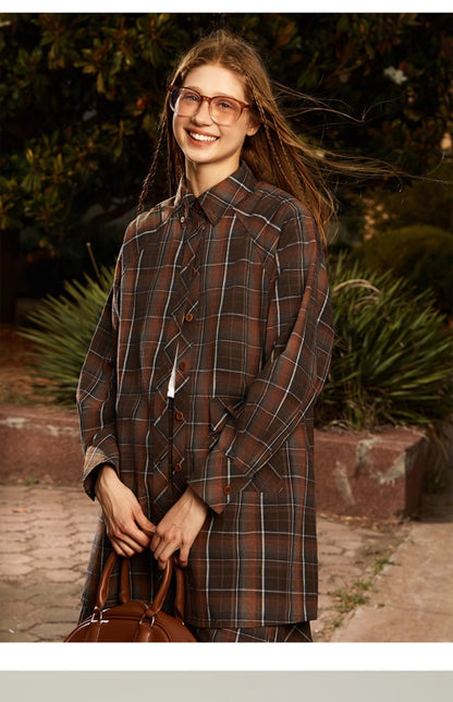 Plaid Longline Shirt And Asymmetrical Midi Skirt