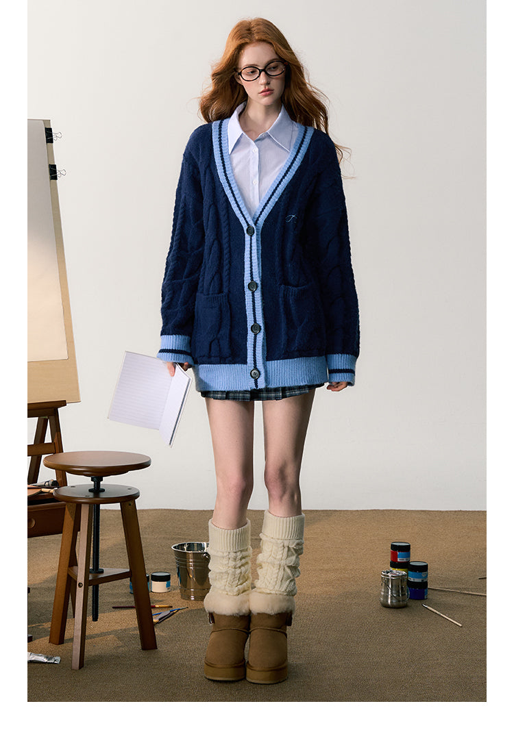 College Style V-Neck Cotton Touch Knit Cardigan