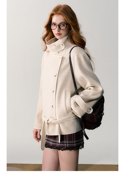 Stand Collar Belted Off-Center Button Short Coat