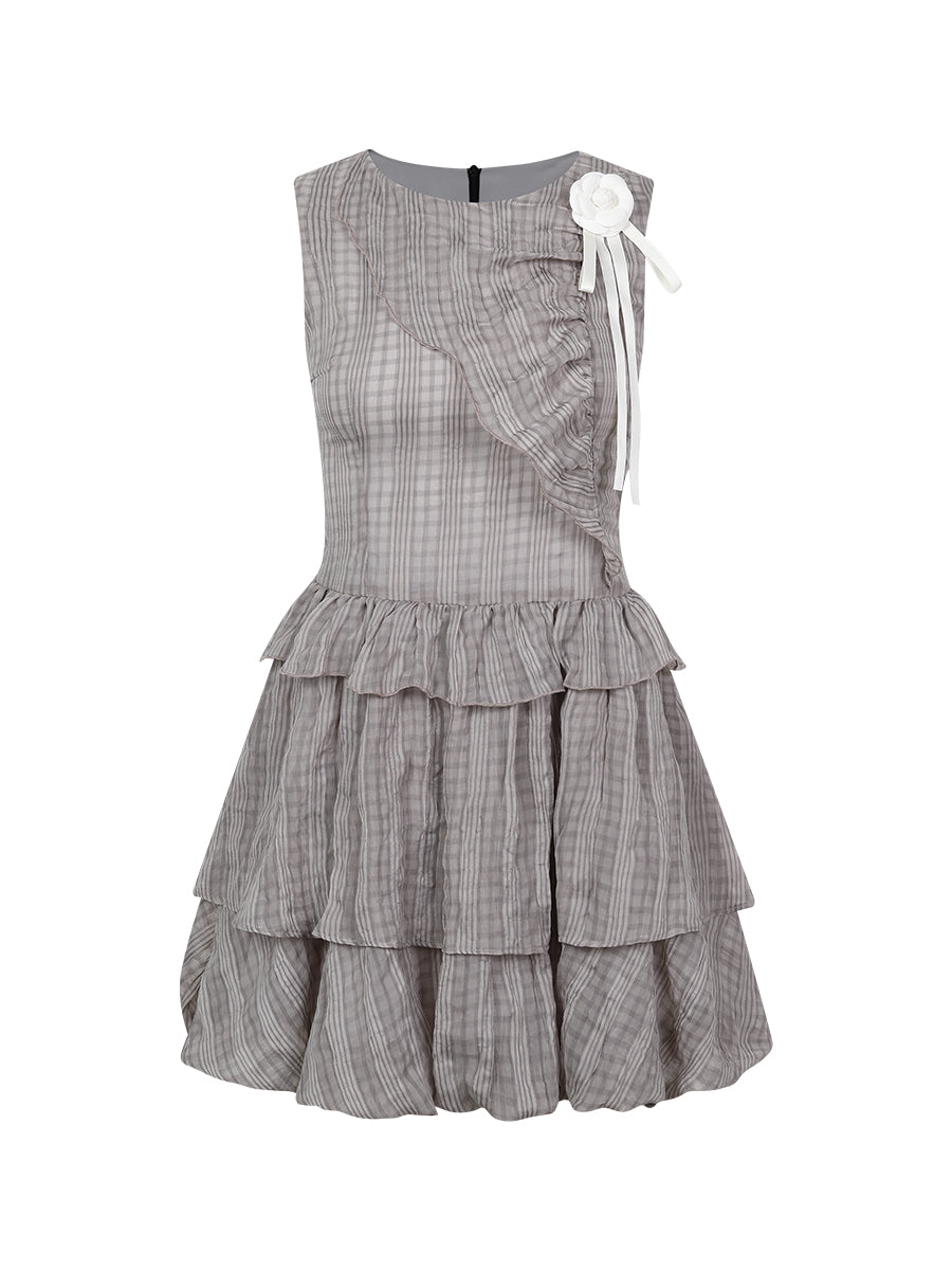 Plaid Sleeveless Tiered Dress With Flower Brooch