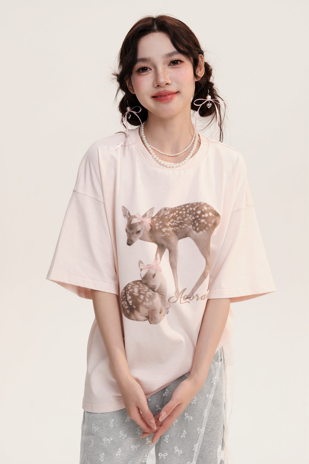 Oversized Deer Print Round Neck Cotton T-Shirt