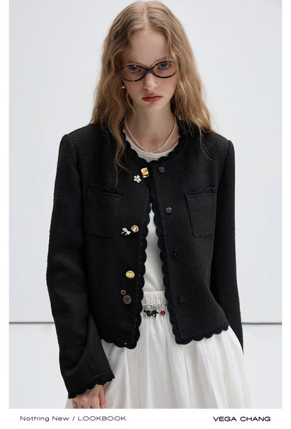 Lace Trimmed Short Tweed Jacket With Metal Charms