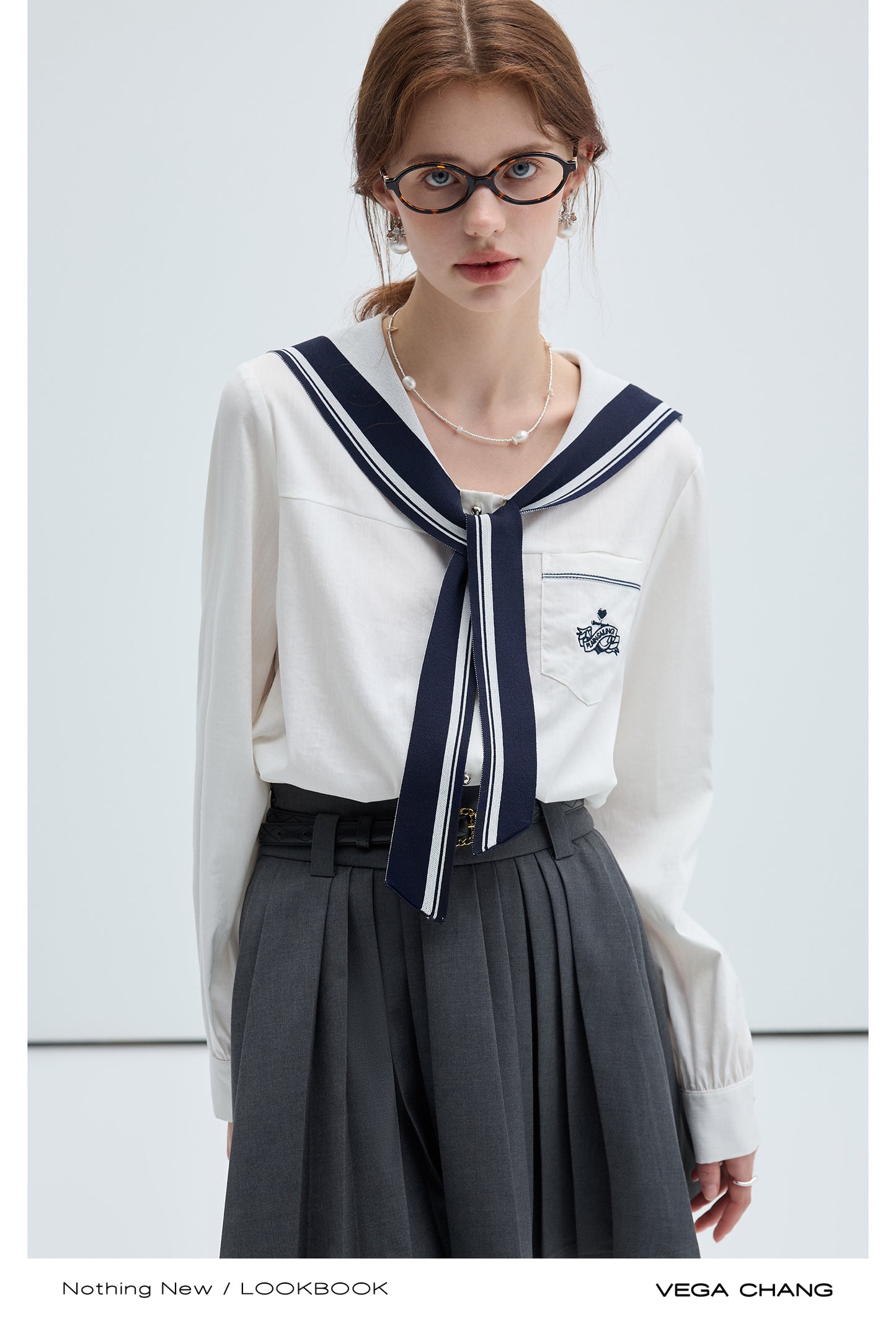 Emblem Embroidered Sailor Collar Tie Neck Shirt