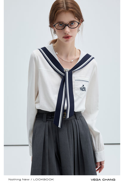 Emblem Embroidered Sailor Collar Tie Neck Shirt