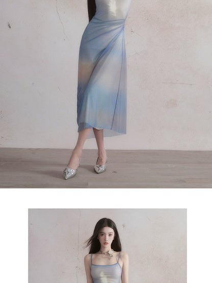 Sunset-Inspired Smudged Color Asymmetric Long Dress