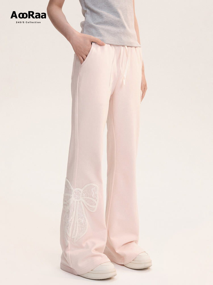 Large Lace Bow Patched Flare Sweatpants