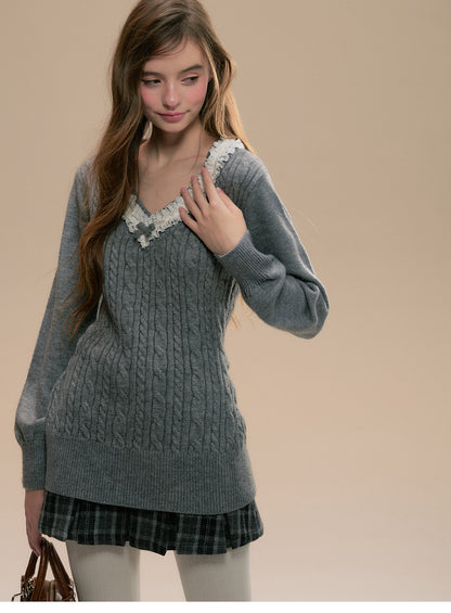 Frilled V-Neck Cable Knit Sweater