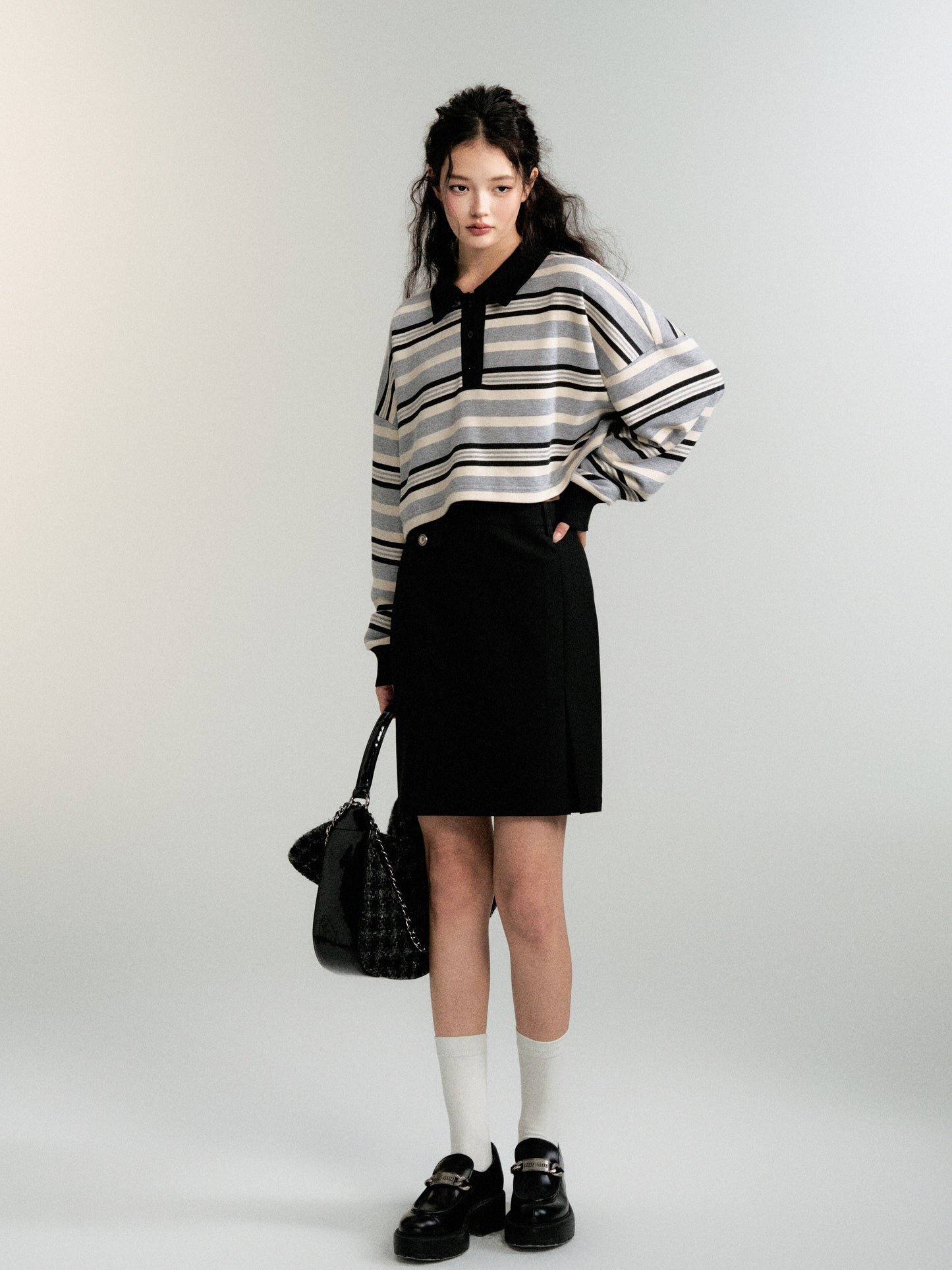 Contrast Color Cropped Stripe Polo Sweatshirt