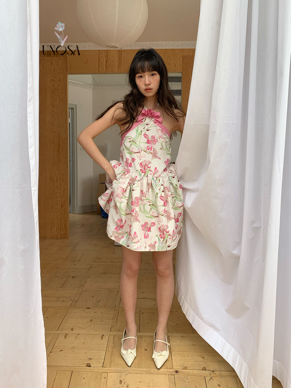 Flower Ribbon Cross Strap Floral Puffy Dress