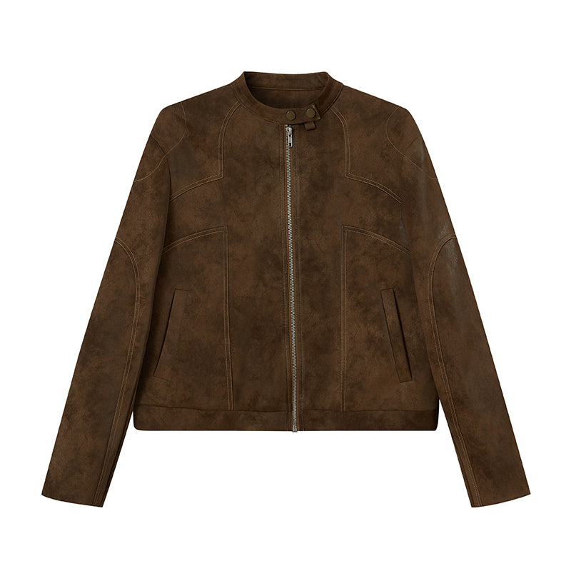 Contrast Stitch Faux Suede Motorcycle Jacket