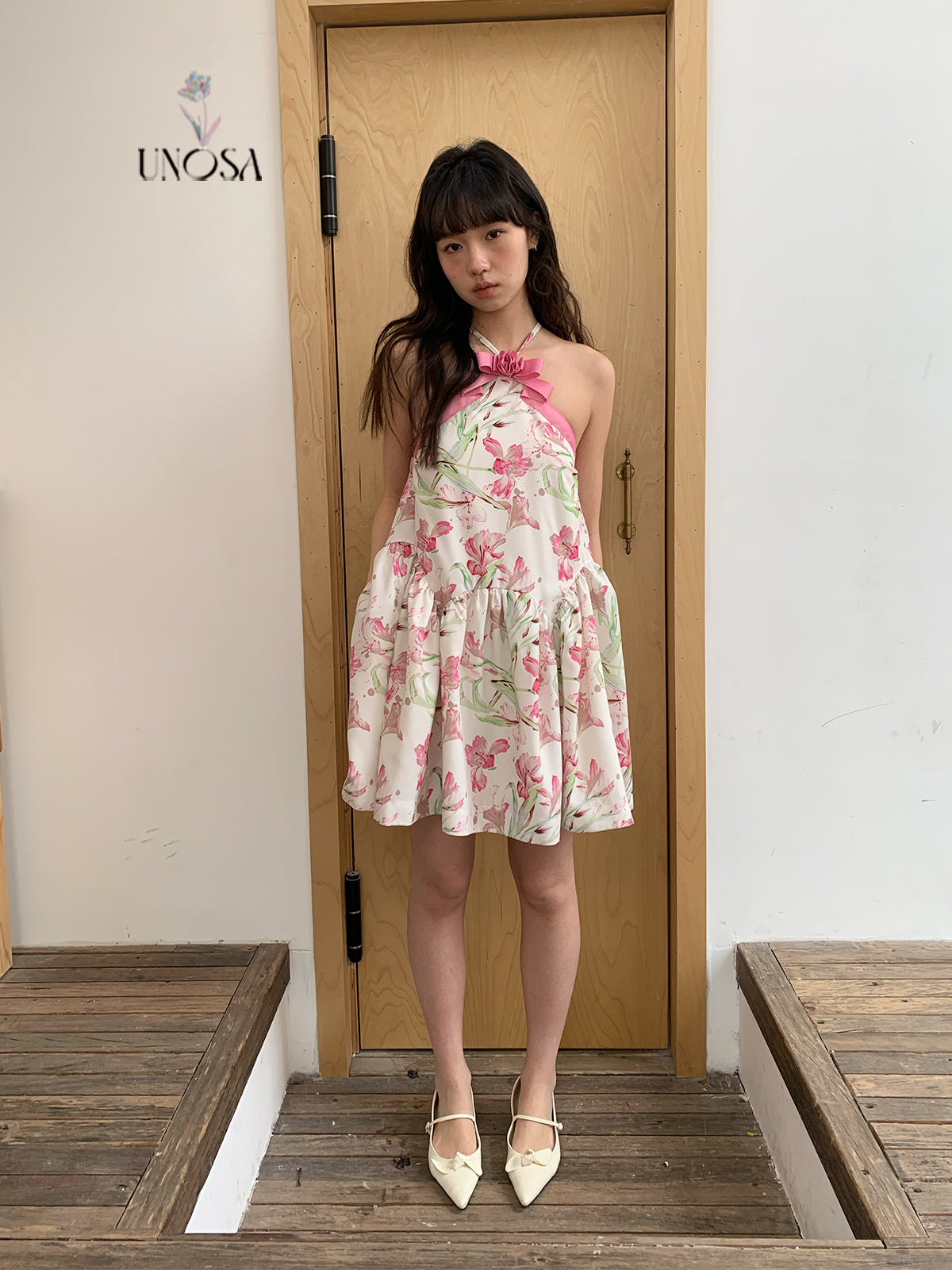 Flower Ribbon Cross Strap Floral Puffy Dress