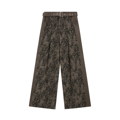 Cotton Blend Leopard Wide-Leg Belted Trousers