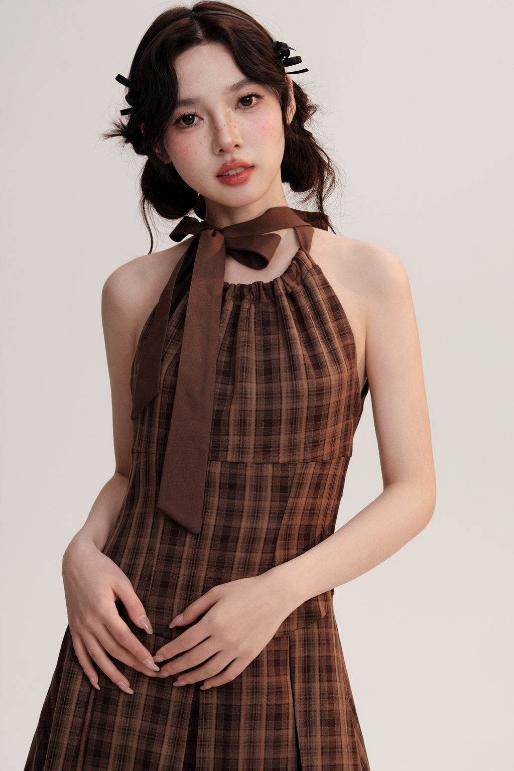 Two-Way Straps Plaid Pleated A-Line Dress