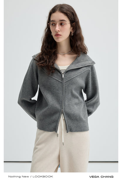 Double Closure Zip Up Knit Cardigan