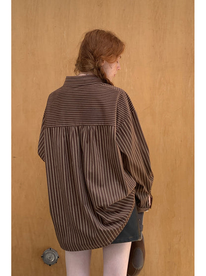 Retro-Inspired Faux Suede Beaded Striped Shirt