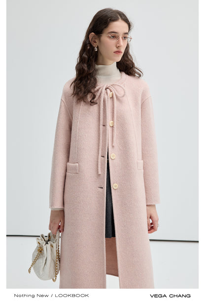 Wool-Silk Blend Collarless Tie Neck Coat