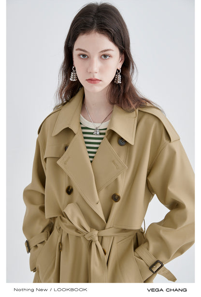 Belted Double Breast Midi Serge Trench Coat