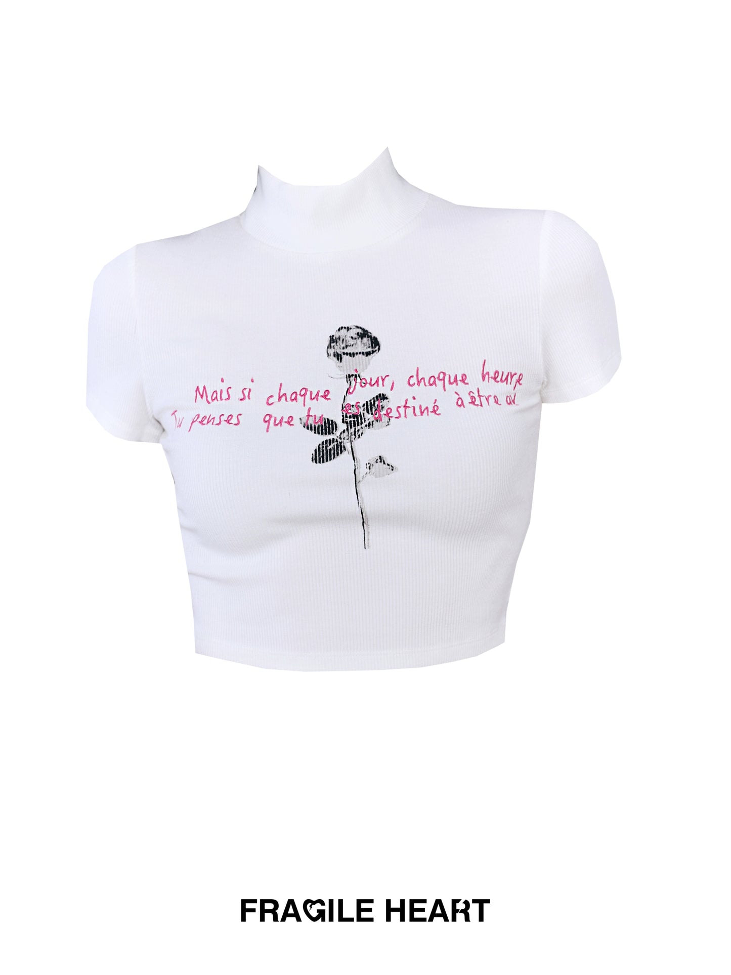 Rose And Poetry Letter Print High Neck Ribbed T-Shirt