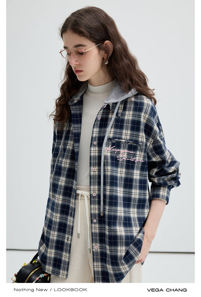 Embroidered Plaid Shirt With Removable Hood