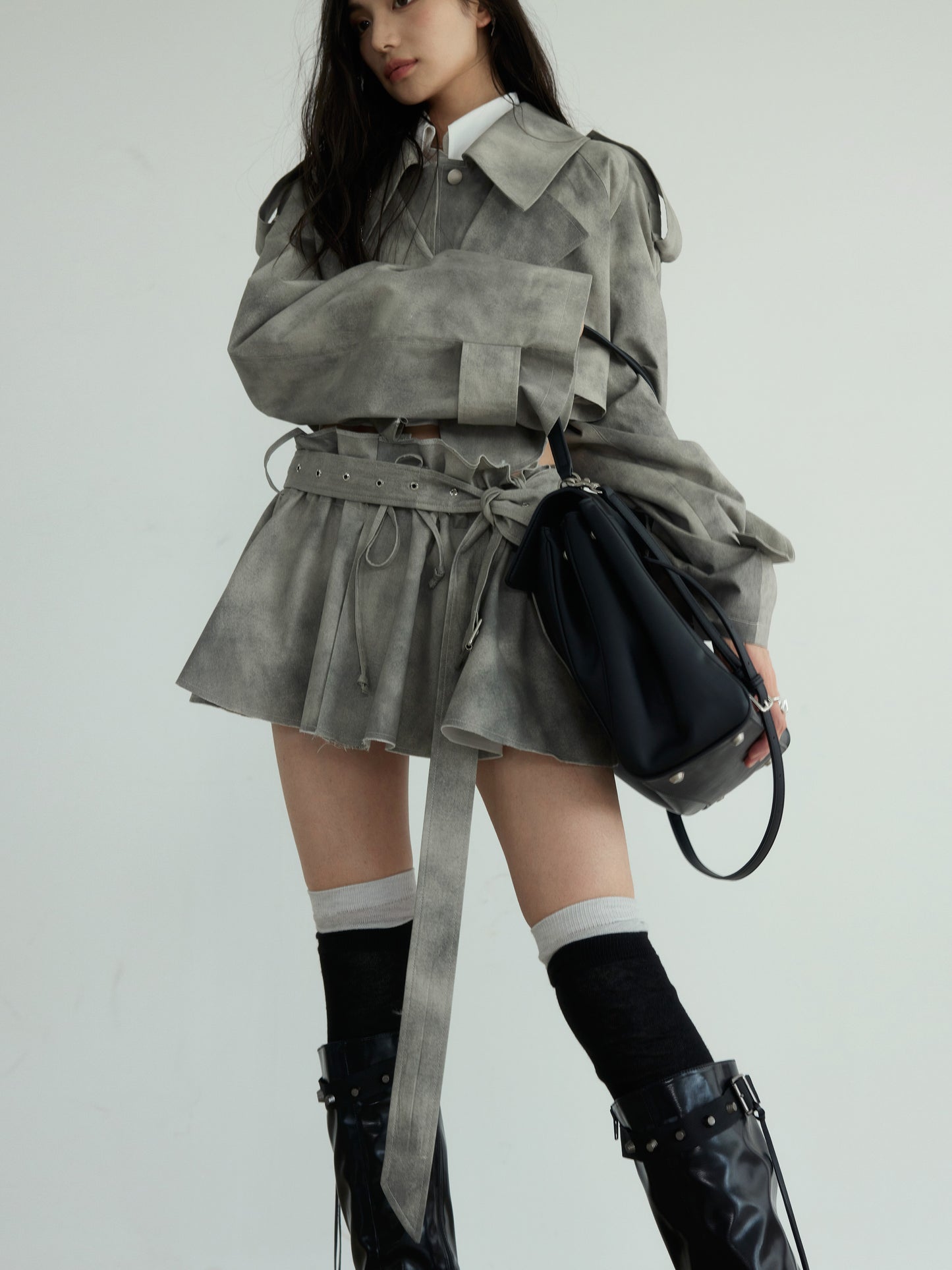 Cropped Dyed Jacket And Belted Mini Skirt Set