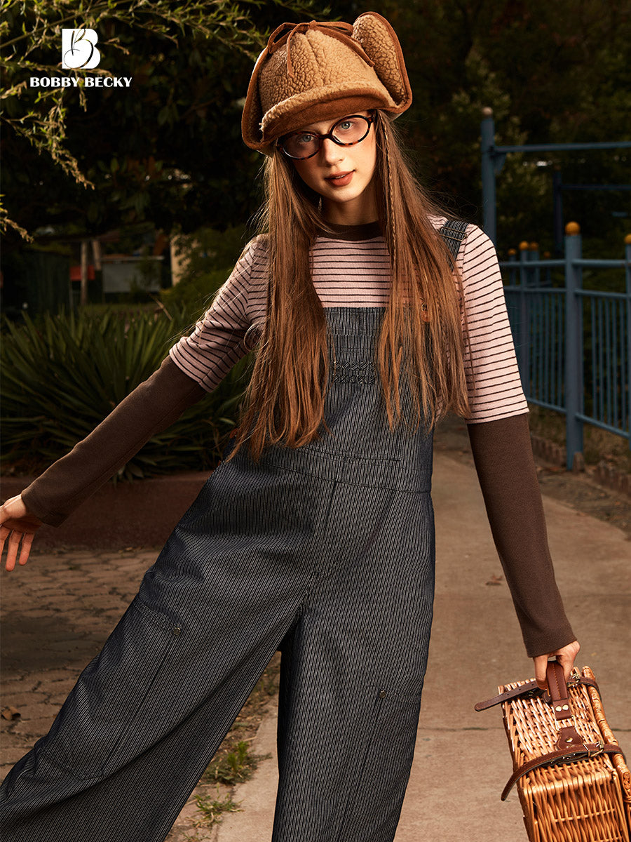 Striped Cropped Wide-Leg Denim Overalls