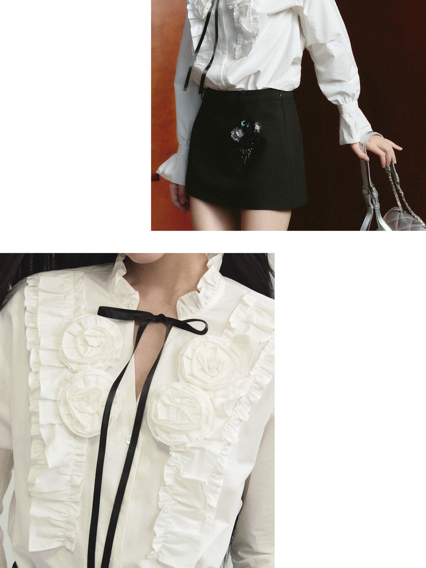 Frilled Flower Ribbon Tie Shirt, Sequin Skirt