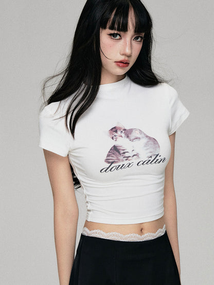 Cat Print Mock Neck Cropped Fitted T-Shirt