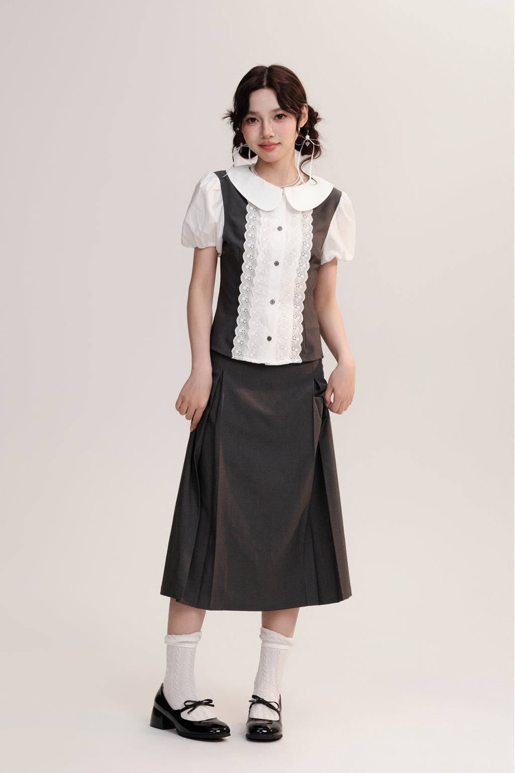 Peter Pan Collar Blouse And Pleated Midi Skirt