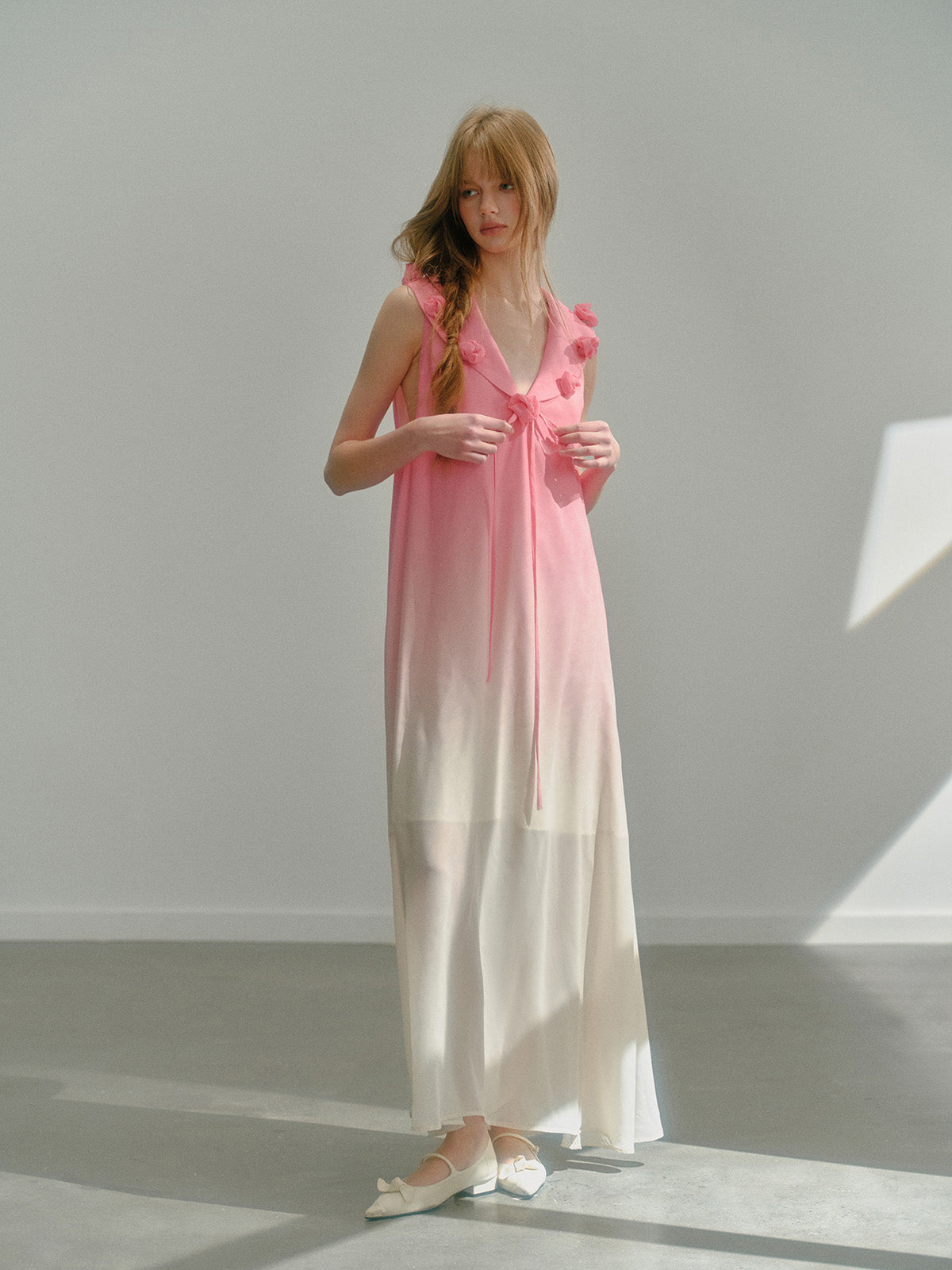 Flower Collar Gradient Chiffon Flowy Long Dress