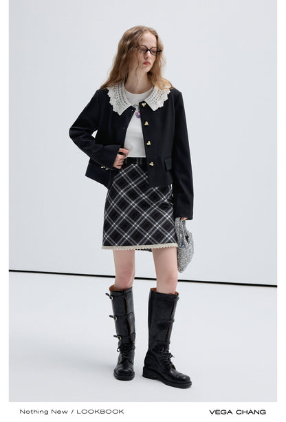 Heart Button Lace Collar Jacket, Bias Plaid Skirt