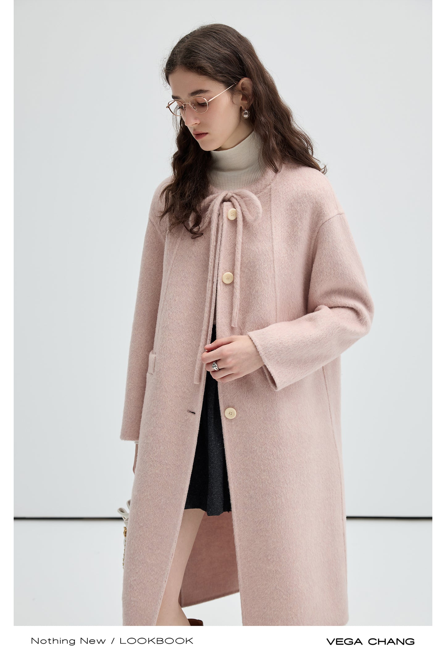 Wool-Silk Blend Collarless Tie Neck Coat