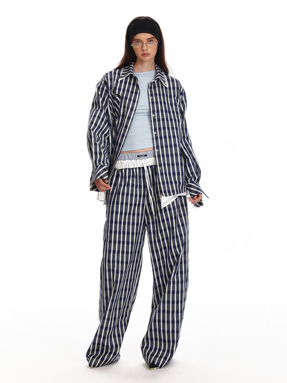 Foldable Waist Stripe-Look Checkered Pants