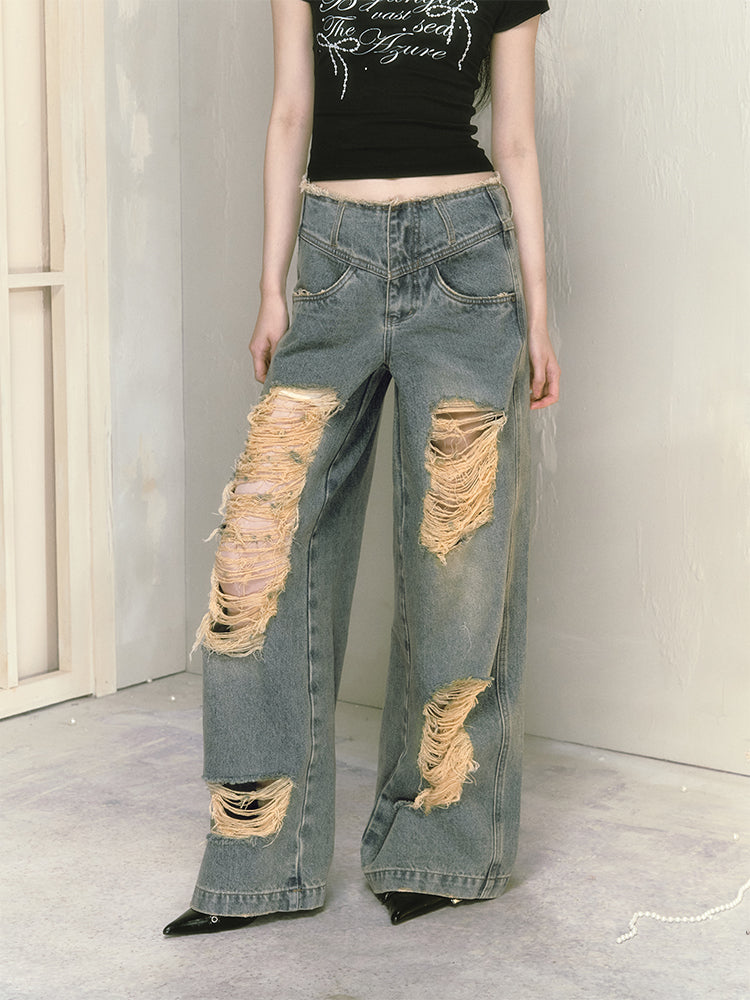 Vintage Style Distressed Shredded Wide Leg Jeans