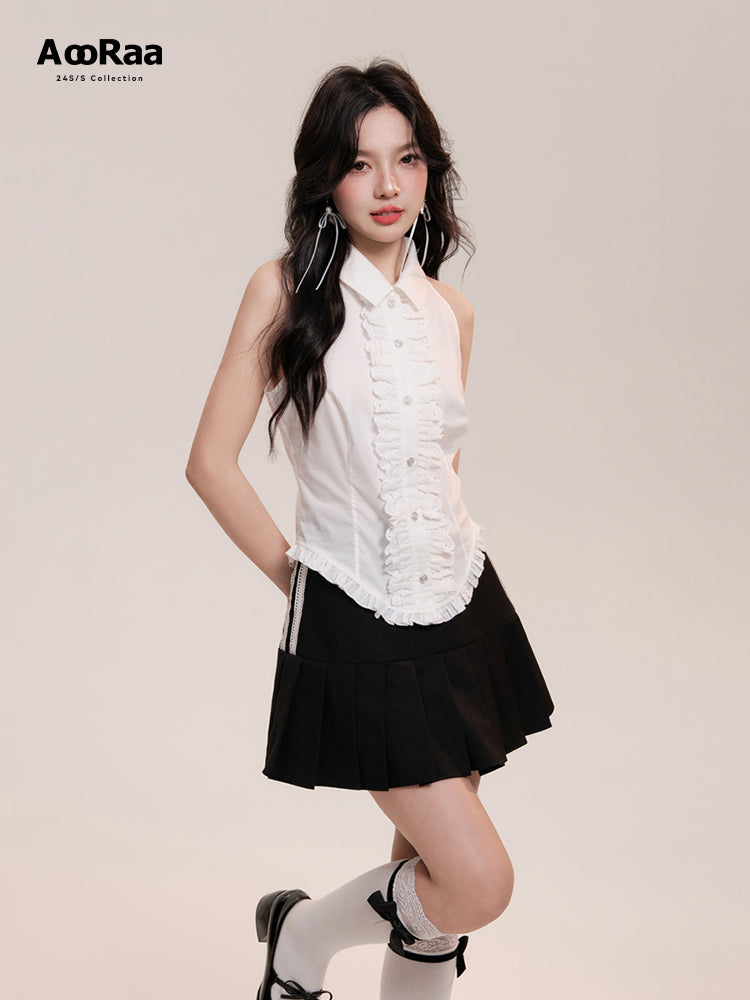 Sleeveless Frilled Lace Placket Round Hem Shirt