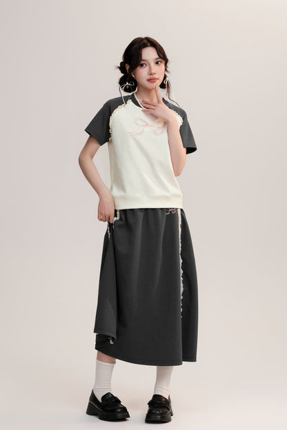 Bow Embroidery Frilled Raglan T-Shirt And Long Skirt