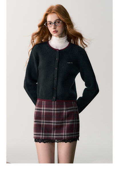 Lace-Trim Plaid Brushed Mini Skirt