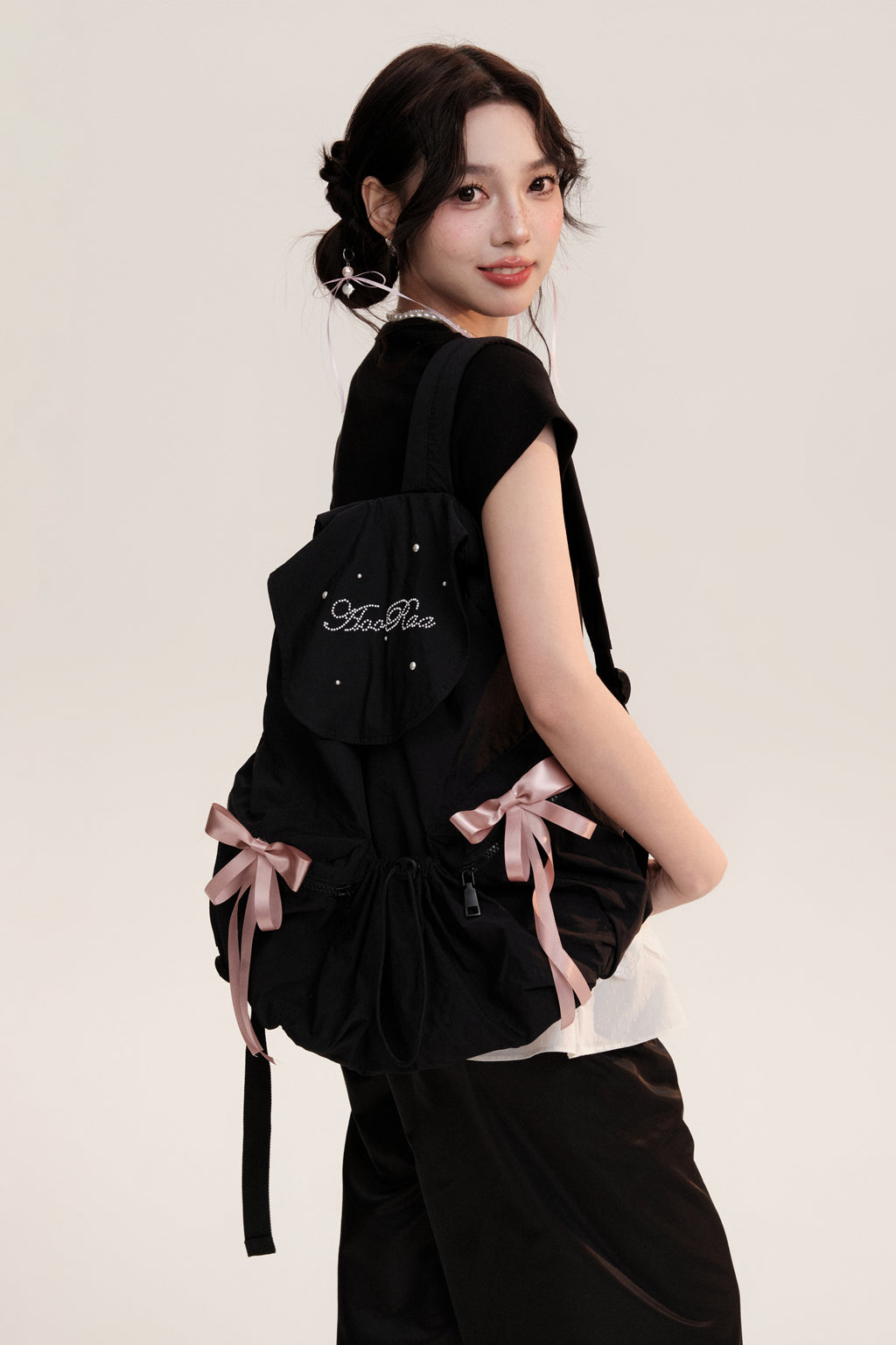 Drawstring Backpack With Decorative Satin Ribbons