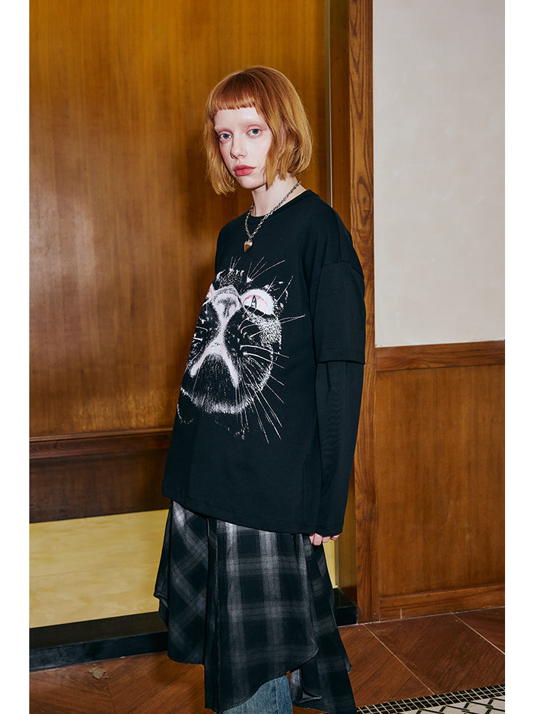 Faux Layered Cat Print T-Shirt