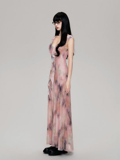 Smudge Print Wood Ear Edge V-Neck Mesh Long Dress