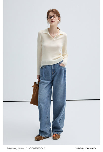 Plain Polo Rib Knit Top And Flared Slim Pants