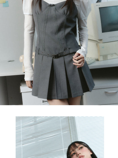 Belted Pleated Mini Bustier Dress And Blazer