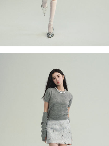 Sequined Neck Knit T-Shirt With Matching Sleeves