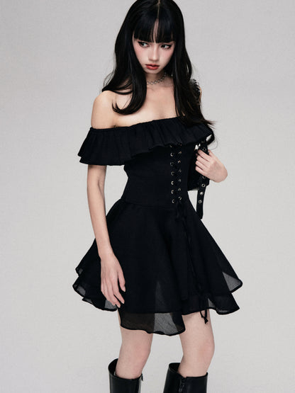 Off Shoulder Lace-Up Glossy Chiffon Dress