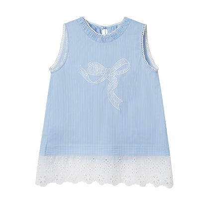 Lace Bow Embroidery Striped Sleeveless Top With Shirred Neck