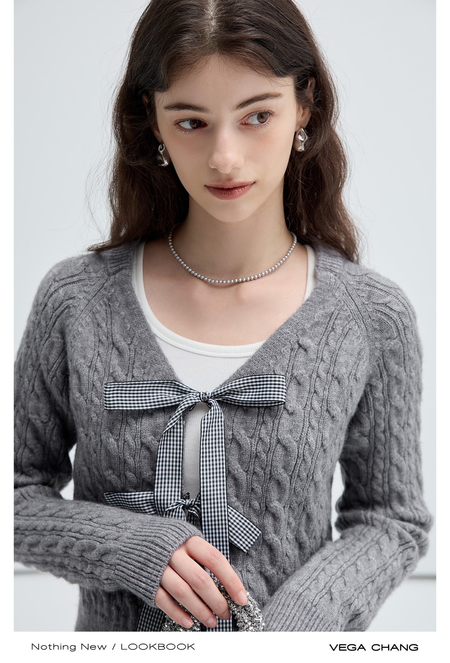 Cable Knit Cardigan With Gingham Ribbon Ties