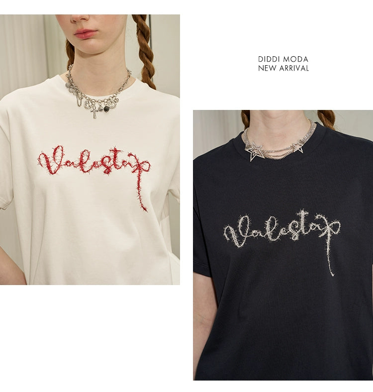 Contrast Letter Embroidery Cotton T-Shirt