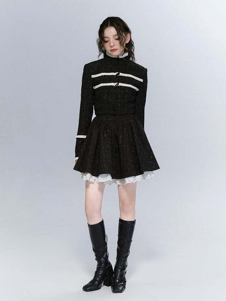 Dual Closure Tweed Jacket And Pleated Frill Skirt