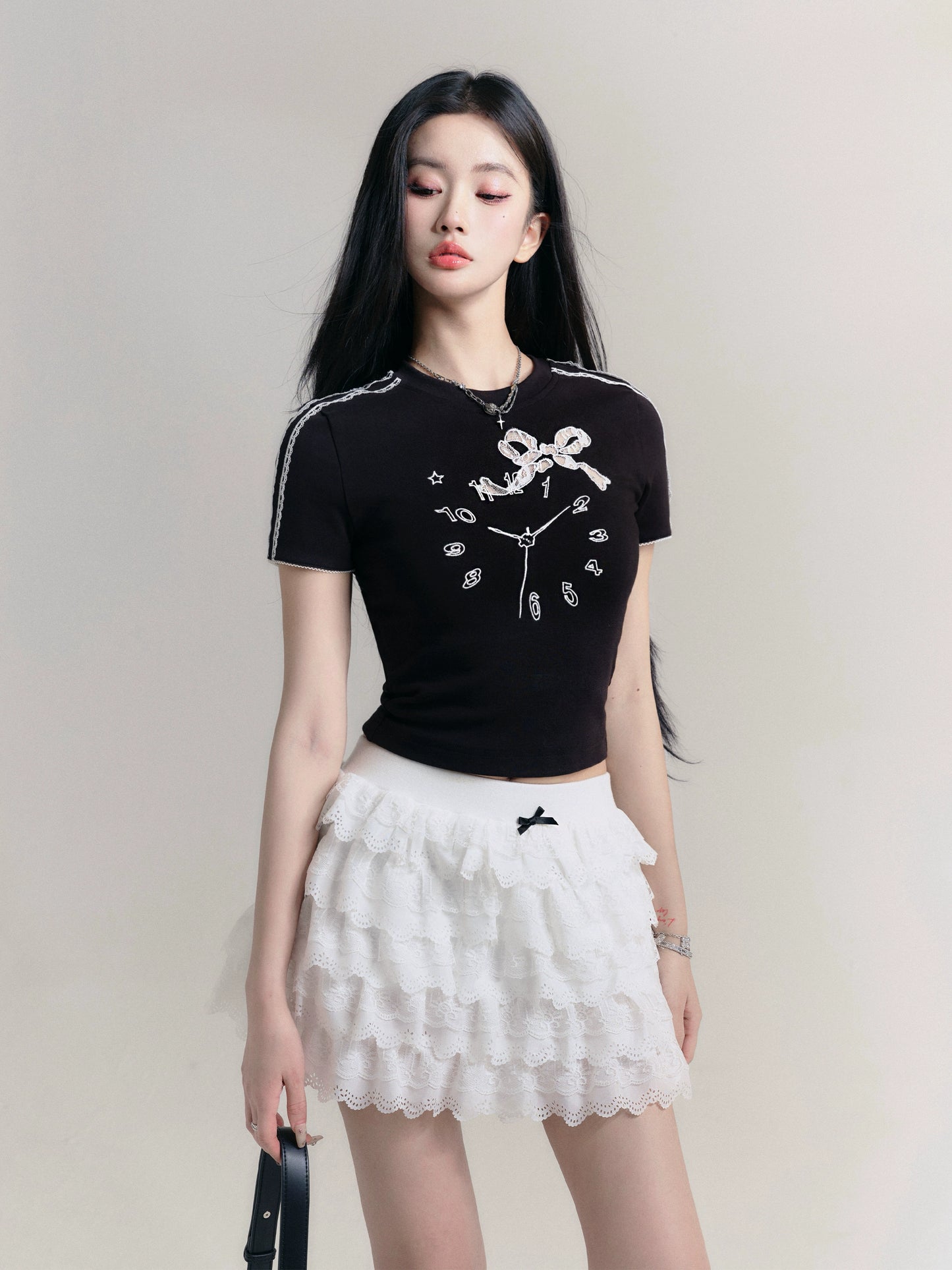 Clock Embroidered T-Shirt With Lace Trim And Bow Accents