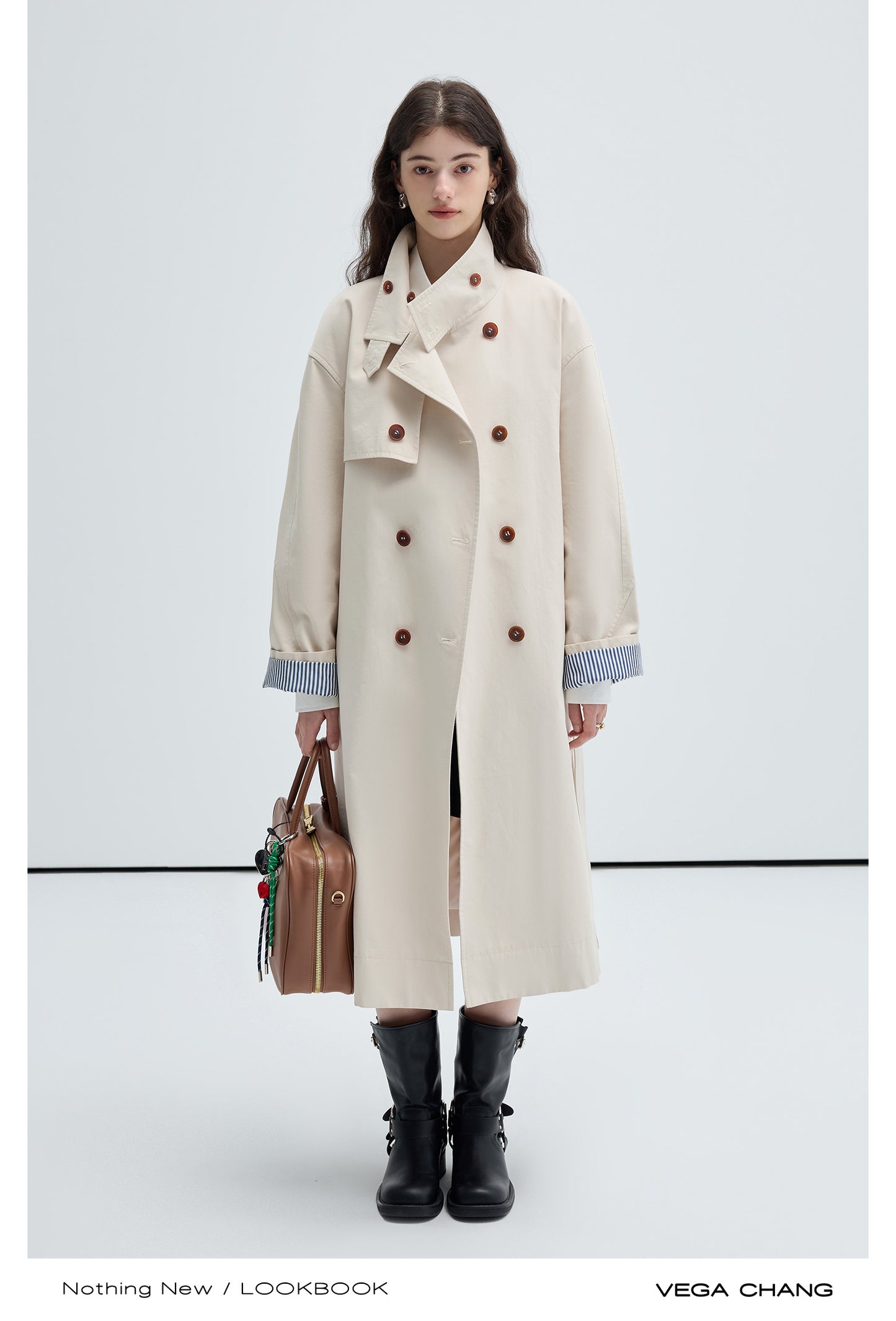 Striped Cuff Stand Collar Classic Trench